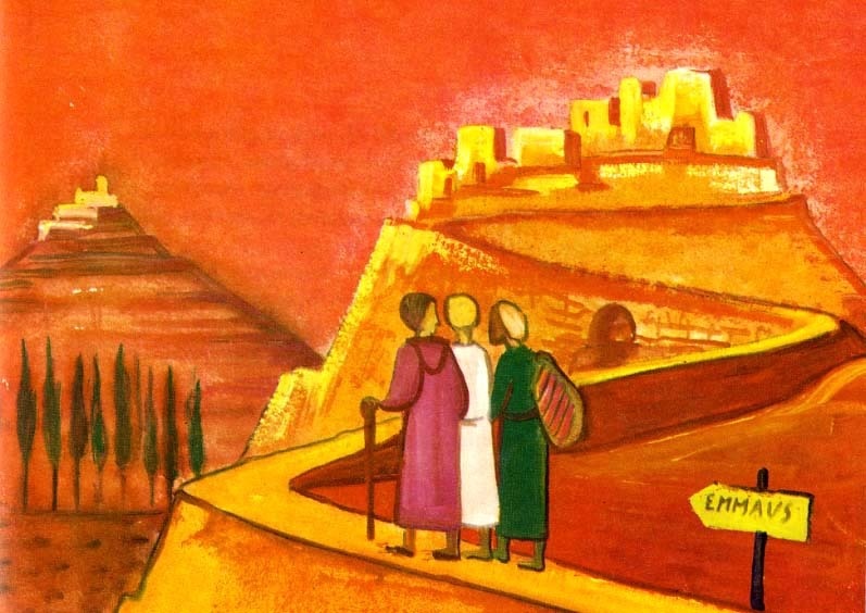Peinture d'art, les pèlerins sur le chemin d'Emmaus