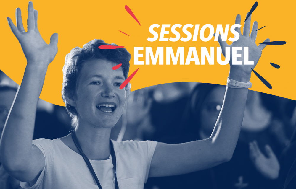 femme chantante et levant les bras, Bannière Sessions Emmauel