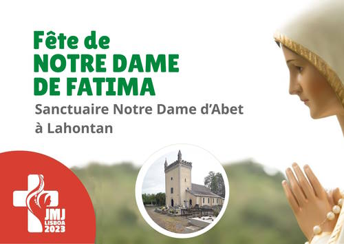 statue de la Vierge Marie vue de profil titrée fête de Notre Dame de Fatima, logo JMJ 2023