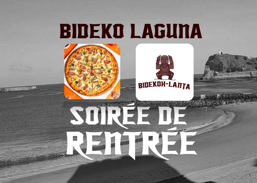 Bideko Laguna, soirée de de rentrée, logo pizza et logo jeux Bidekoh-Lanta sur photo de plage en noir et noir