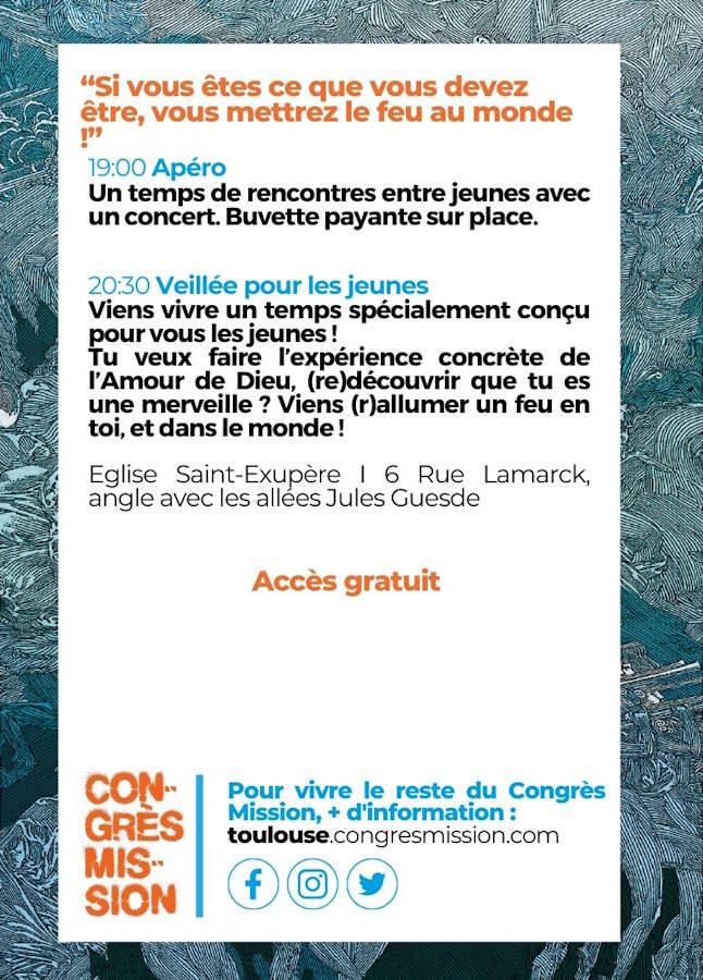 Invitation aux jeunes à l'apéro et à la veillée jeunes du samedi 30 septembre 2023 à Toulouse